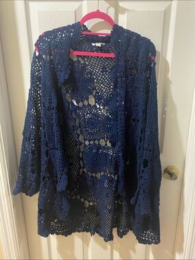 Boston Proper Navy Crochet Openwork Cardigan